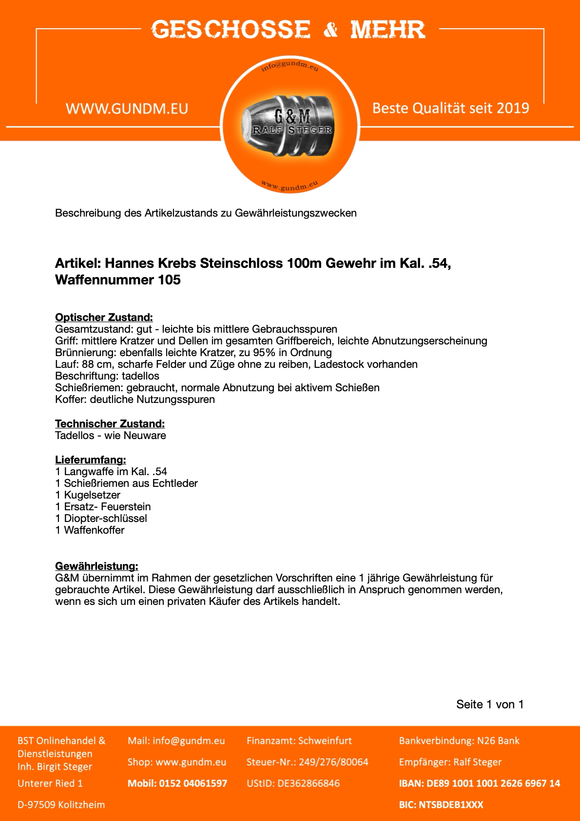 Hannes Krebs | Flintlock rifle 100m discipline | Cal. .54 | Used