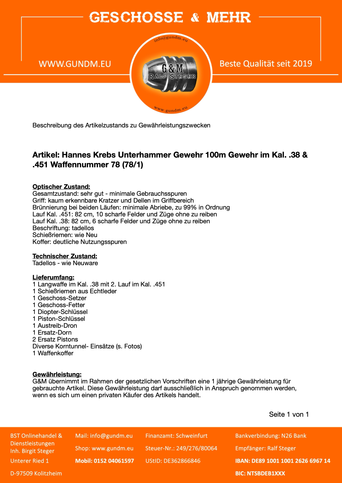 Hannes Krebs | Unterhammer 100m discipline | Cal. .38 & Cal. 451 | As good as new