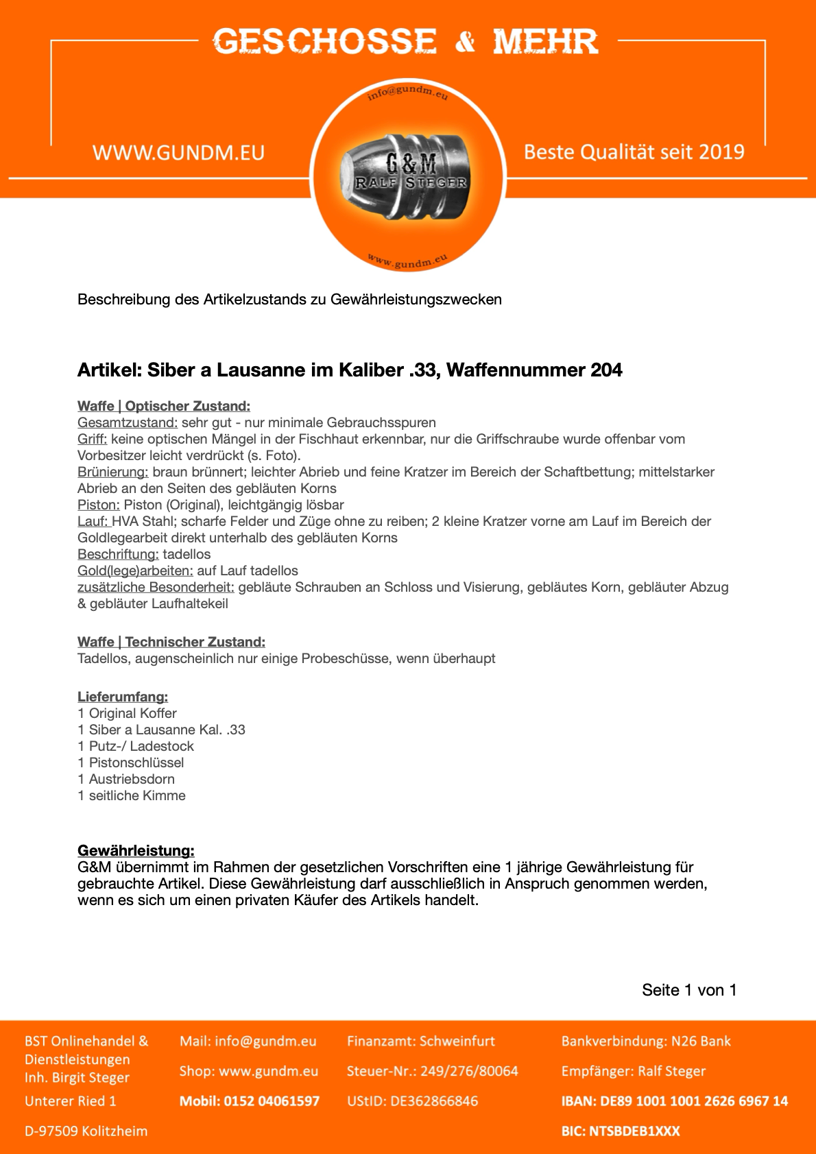 Hége | Argent à Lausanne | Calibre .33 | Signes d'usure minimes | WN 204