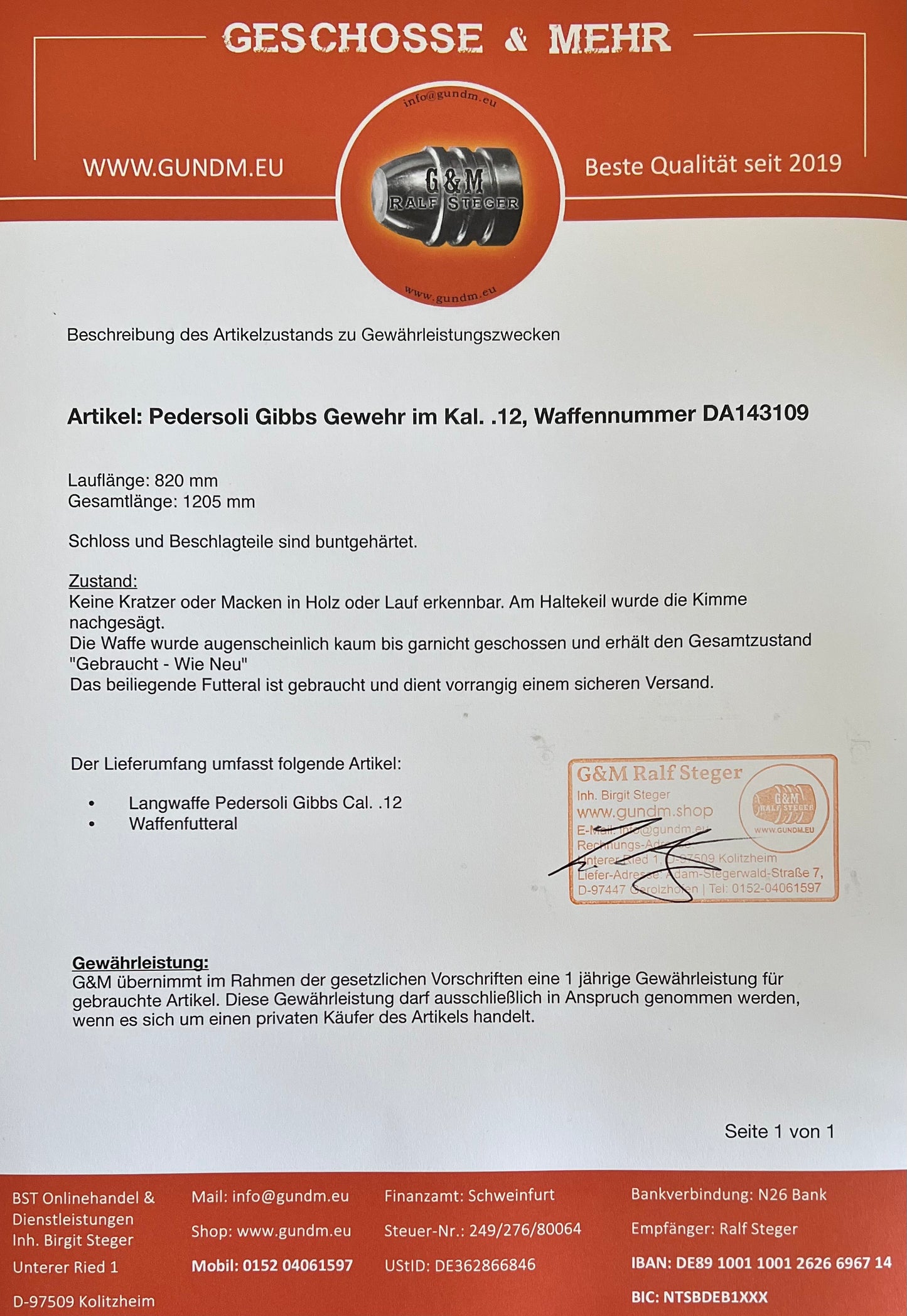 Pedersoli | Gibbs Perkussionsgewehr | Kal. .12 | Gebraucht - Neuwertig | Waffennummer DA143109