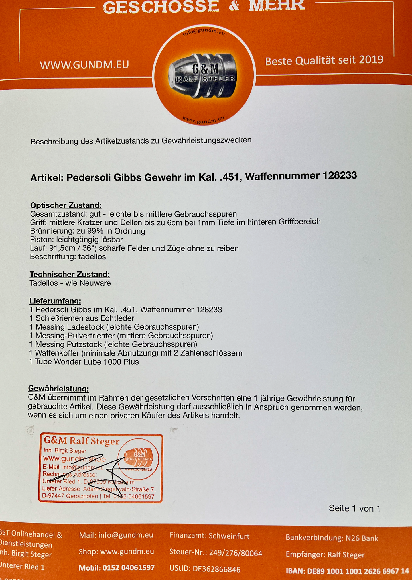 Pedersoli | Gibbs percussion rifle with many accessories | Cal. .451 | Used