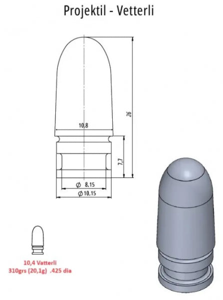 Kal. .421 / Langgeschoss / 5% Zinn / original Vetterli Geschoss