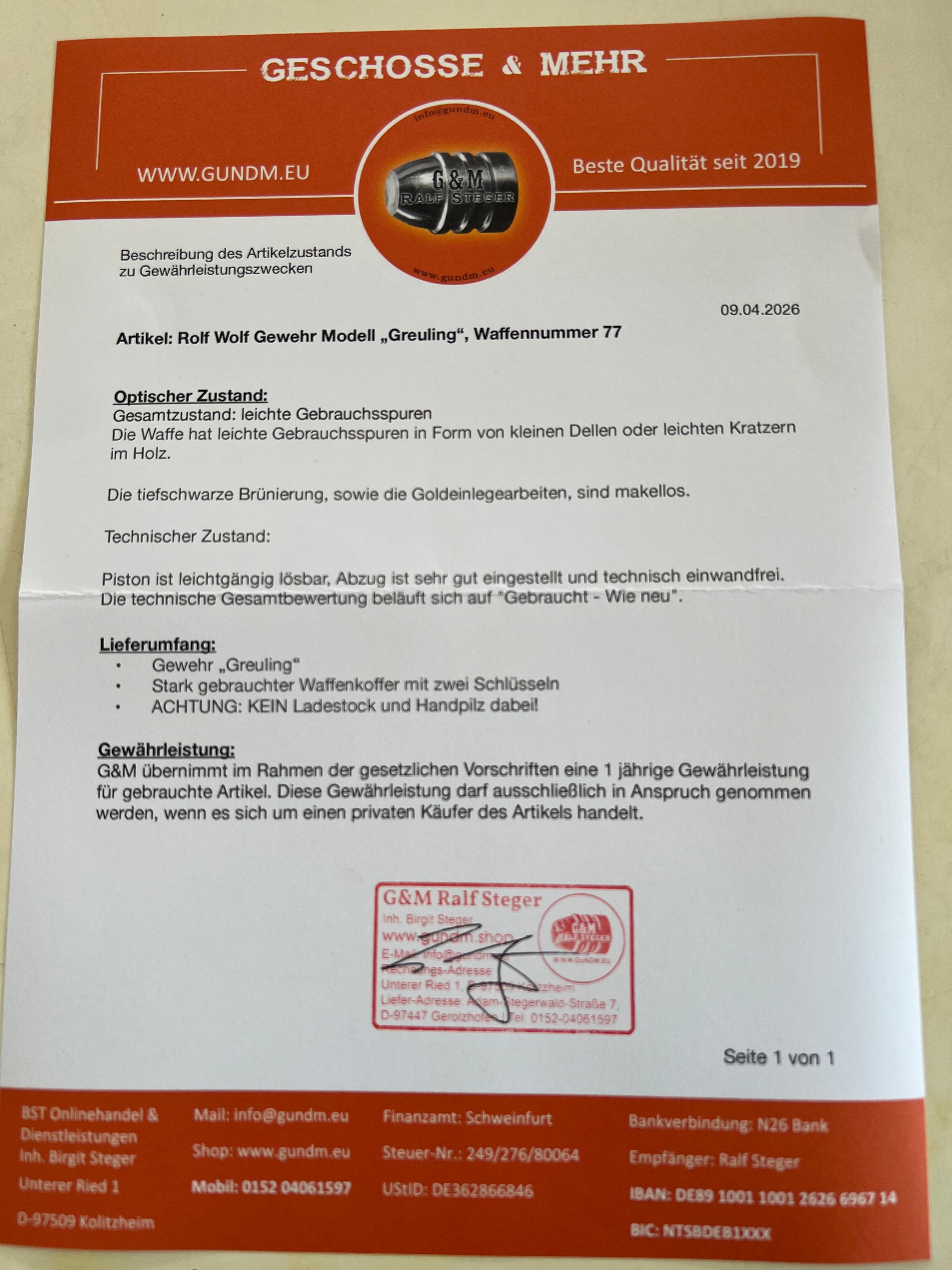 Rolf Wolf | Gewehr Modell Greuling | Kal. 9,6 mm | Leichte Gebrauchsspuren