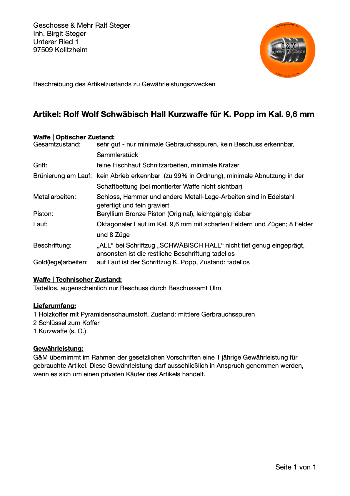 Rolf Wolf | Kurzwaffe in Le Page-Stil | Kal. .38 | Minimale Gebrauchsspuren