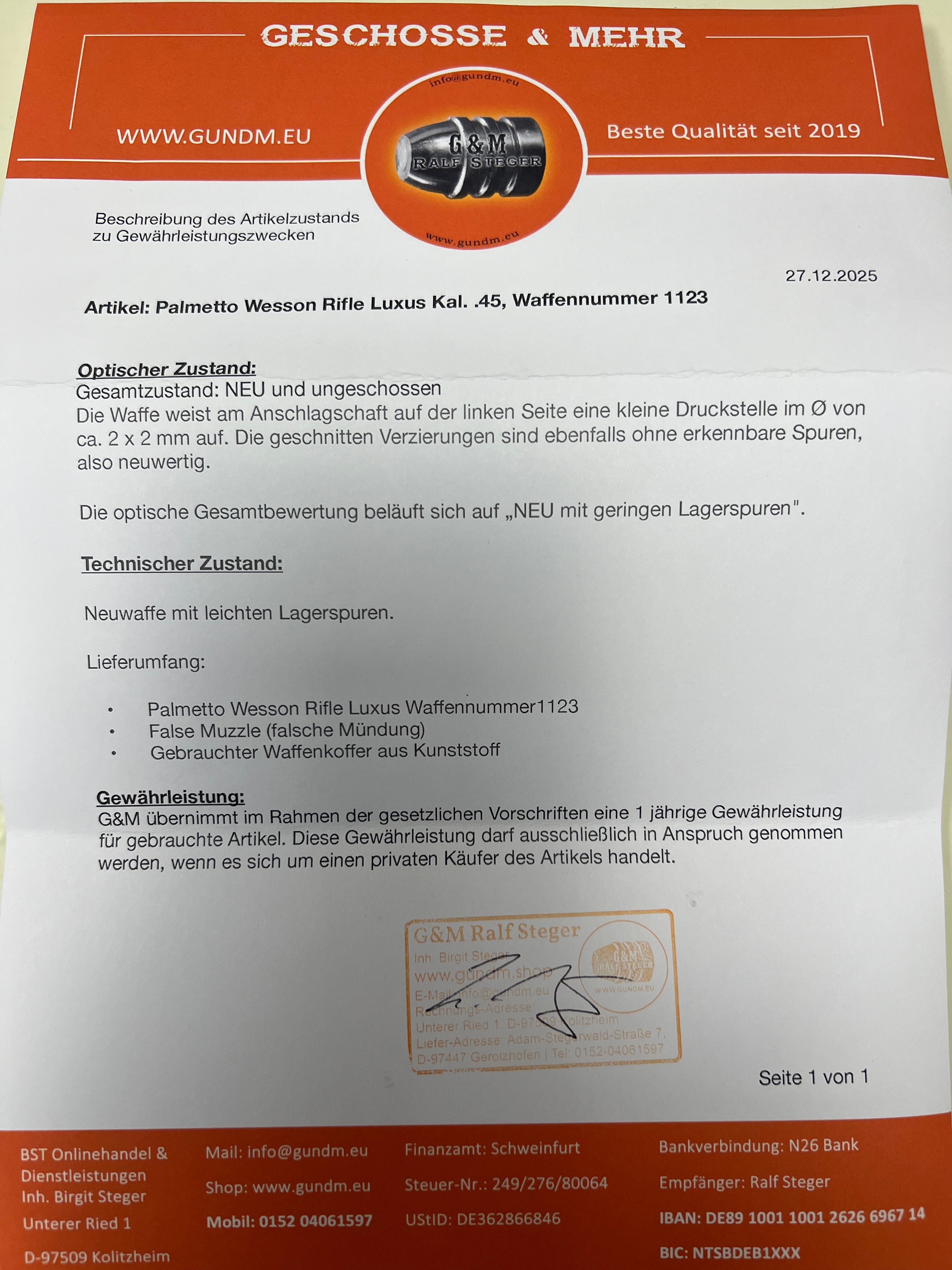 Palmetto | Wesson Rifle Luxus | Kal. .45 | neuwertig | WN 1123