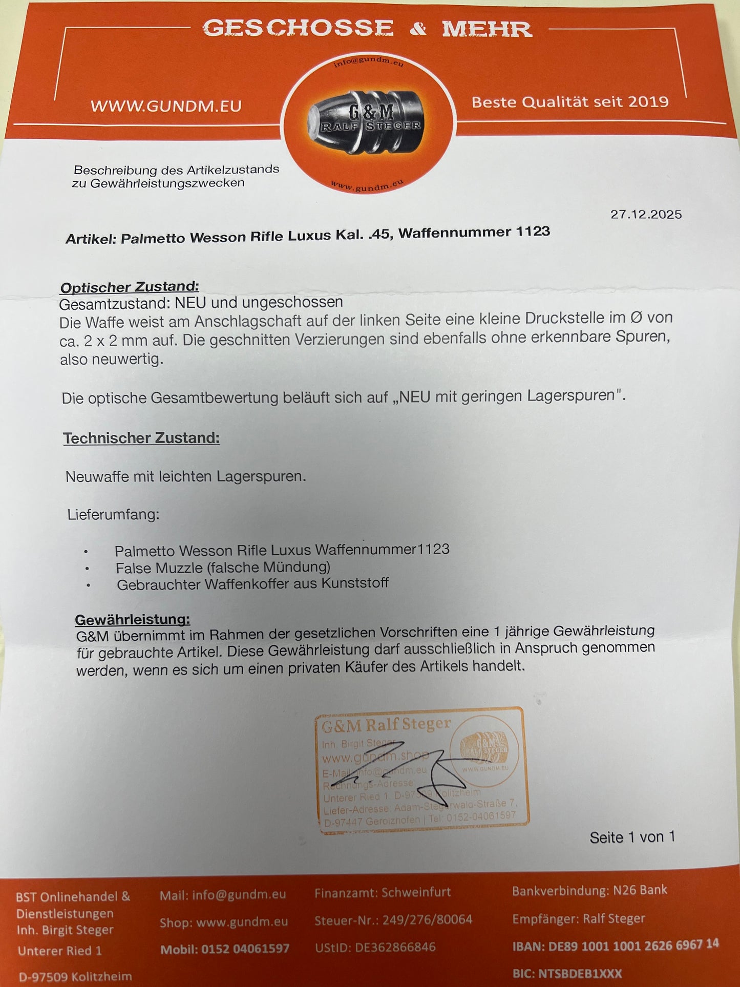 Palmetto | Wesson Rifle Luxus | Kal. .45 | neuwertig | WN 1123